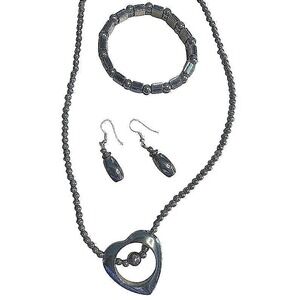 Hematite Jewelry Set Heart Necklace Bracelet Earrings Magnetic Therapy